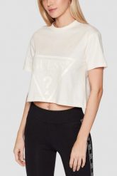 GUESS Kremowy bawełniany t-shirt damski Adele Crop, Rozmiar S. Brązowe t-shirty Guess, s, z aplikacjami, z bawełny, bez kołnierzyka, bez ramiączek. Za 189.99 zł.