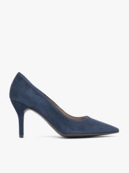Granatowe czółenka na szpilce. Niebieskie czółenka Ryłko, bez wzorów, z gumy, eleganckie, bez obcasa, na szpilce, bez zapięcia. Za 379.99 zł.
