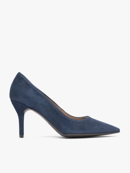 Granatowe czółenka na szpilce. Niebieskie czółenka Ryłko, bez wzorów, z gumy, eleganckie, bez obcasa, na szpilce, bez zapięcia. Za 379.99 zł.