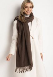 Ciemnobrązowy Szalik z Bawełną i Wiskozą Ozdobiony Frędzlami Siadortia. Brązowe szaliki i kominy Born2be, bez wzorów, z bawełny, biznesowe. Za 49.99 zł.
