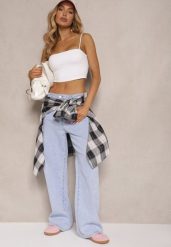 Jasnoniebieskie Jeansy z Bawełną o Szerokim Kroju High Waist Taliera. Niebieskie jeansy Renee, bez wzorów, z bawełny, eleganckie, z podwyższonym stanem. W wyprzedaży za 91.99 zł.