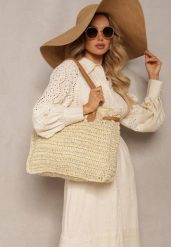 Jasnobeżowa Pleciona Torebka o Dużym Fasonie Tote w Stylu Boho Emerria. Brązowe torebki klasyczne Renee, bez wzorów, boho, bez dodatków. W wyprzedaży za 99.99 zł.