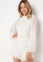 Beżowy Kombinezon z Tkaniny Plumeti z Bufiastymi Rękawami i Krótkimi Nogawkami Dolene. Brązowe sukienki Born2be, na spotkanie biznesowe, l, bez wzorów, z tkaniny, eleganckie, bez kołnierzyka, bez ramiączek, mini, kopertowe. W wyprzedaży za 118.99 zł.