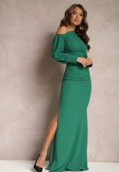 Zielona Dopasowana Sukienka Maxi o Asymetrycznym Kroju z Bufiastymi Rękawami i Rozcięciem Belsara. Zielone sukienki Renee, m, bez wzorów, klasyczne, z asymetrycznym kołnierzem, bez ramiączek, maxi, asymetryczne. Za 119.99 zł.