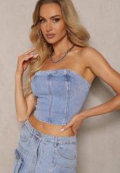 Niebieski Top Gorsetowy Jeansowy Efisee. Niebieskie topy Renee, l, bez wzorów, z jeansu, bez kołnierzyka, bez ramiączek. W wyprzedaży za 63.99 zł.