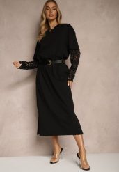 Czarna Sukienka z Bawełny o Kroju Typu T-shirt z Koronką i Rozcięciami Tanisla. Czarne sukienki Renee, na co dzień, bez wzorów, z bawełny, eleganckie, bez kołnierzyka, bez ramiączek, midi, proste. W wyprzedaży za 67.99 zł.