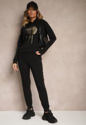 Czarny Ocieplany Komplet Dresowy z Bawełny Spodnie i Bluza Sevida. Czarne bluzy Renee, m, z aplikacjami, z bawełny, bez kaptura. W wyprzedaży za 79.99 zł.