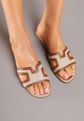 Brązowe Klapki Ozdobione Geometrycznym Wzorem Alisona. Brązowe klapki Renee, bez wzorów, eleganckie, z otwartym noskiem, bez obcasa, na płaskiej podeszwie, bez zapięcia. W wyprzedaży za 82.49 zł.