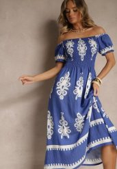Niebieska Sukienka Hiszpanka Ozdobiona Etnicznym Printem Aralette. Niebieskie sukienki Renee, na co dzień, l, bez wzorów, eleganckie, bez kołnierzyka, bez ramiączek, rozkloszowane. W wyprzedaży za 67.99 zł.