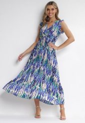 Granatowa Sukienka Plisowana z Kopertowym Dekoltem Bellan. Niebieskie sukienki Born2be, na co dzień, m, bez wzorów, z jeansu, eleganckie, bez kołnierzyka, bez ramiączek, maxi, kopertowe. Za 139.99 zł.