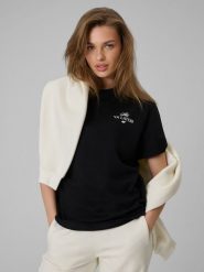 4F T-shirt loose z nadrukiem damski - czarny L. Czarne t-shirty 4f, l, bez wzorów, z bawełny, bez kołnierzyka, bez ramiączek. Za 69.99 zł.