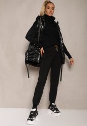 Czarne Dresowe Spodnie z Gumkami na Nogawkach i Troczkiem w Pasie Tiralee. Czarne jeansy Renee, bez wzorów, z dresówki, eleganckie. W wyprzedaży za 39.99 zł.