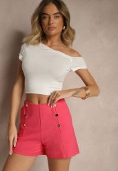 Fuksjowe Bawełniane Szorty High Waist Ozdobione Guzikami Seporiae. Czerwone szorty Renee, bez wzorów, z bawełny, eleganckie. W wyprzedaży za 43.99 zł.