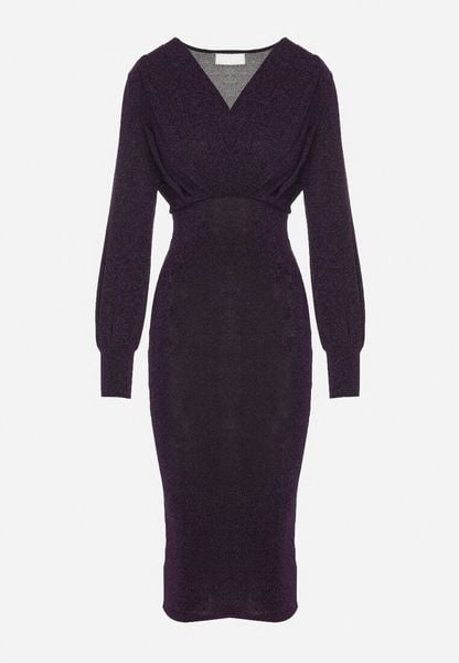 Fioletowa Dopasowana Sukienka z Kopertowym Dekoltem i Bufiastymi Rękawami Ulonissa. Fioletowe sukienki Born2be, na imprezę, l, bez wzorów, klasyczne, bez kołnierzyka, bez ramiączek, midi, dopasowane. Za 99.99 zł.