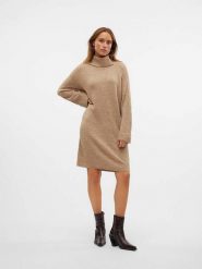 Vero Moda Sukienka dzianinowa w kolorze beżowym rozmiar: L. Brązowe sukienki Vero Moda, na co dzień, l, bez wzorów, z dzianiny, bez kołnierzyka, bez ramiączek, midi, proste. Za 74.81 zł.