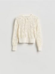 Ażurowy kardigan - złamana biel. Swetry Reserved, l, w ażurowe wzory, z bawełny, klasyczne, bez ramiączek. Za 99.99 zł.