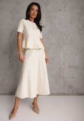 Beżowy Komplet z Wiskozą Bluzka z Guzikami i Baskinką i Spódnica Narinna. Brązowe bluzki Renee, m, bez wzorów, z kauczuku, eleganckie, bez kołnierzyka, bez ramiączek. Za 199.99 zł.