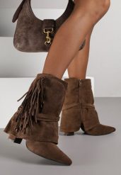 Brązowe Botki Boho z Cholewką Imitującą Nogawkę i Frędzlami Zaslie. Brązowe botki Renee, bez wzorów, z jeansu, boho, bez obcasa, na obcasie, bez zapięcia. Za 99.99 zł.