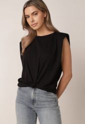 Czarny Bawełniany Top Oversize Bez Rękawów z Wiązaniem i Poduszkami w Ramionach Apixie. Czarne topy Born2be, bez wzorów, z bawełny, eleganckie, bez kołnierzyka, bez ramiączek. Za 69.99 zł.