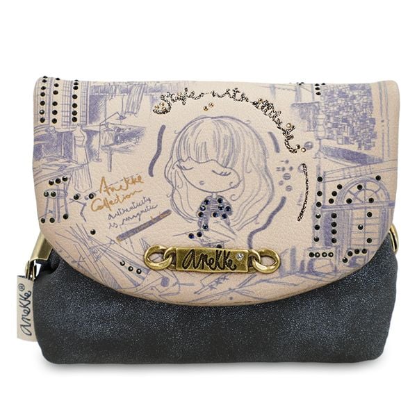 Granatowa Kompaktowa Portmonetka Damska Anekke. Niebieskie torebki klasyczne Anekke, z aplikacjami, z materiału, zdobione, bez dodatków. Za 129.00 zł.