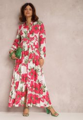 Biała Sukienka Katyne. Białe sukienki Renee, m, z aplikacjami, z tkaniny, eleganckie, bez kołnierzyka, bez ramiączek, maxi, koszulowe. W wyprzedaży za 99.99 zł.