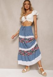 Biało-Niebieska Bawełniana Spódnica High Waist z Gumką w Talii i Ozdobną Koronką Tesaquin. Białe spódnice Renee, na co dzień, l, bez wzorów, z bawełny, wakacyjne, maxi. Za 69.99 zł.