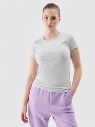 4F T-shirt slim z nadrukiem damski - szary S. Szare t-shirty 4f, s, bez wzorów, z bawełny, sportowe, bez kołnierzyka, bez ramiączek. W wyprzedaży za 39.99 zł.