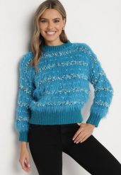 Niebieski Sweter z Wiskozą i Bawełną z Kolorową Nicią Raithra. Niebieskie swetry Born2be, uniwersalny, z aplikacjami, z bawełny, eleganckie, bez ramiączek. W wyprzedaży za 84.99 zł.