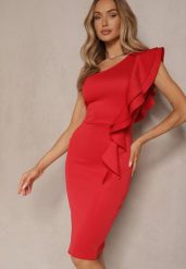 Czerwona Sukienka na Jedno Ramię z Falbaną Lenoska. Czerwone sukienki Renee, na imprezę, l, bez wzorów, eleganckie, z asymetrycznym kołnierzem, bez ramiączek, midi, asymetryczne. W wyprzedaży za 91.99 zł.