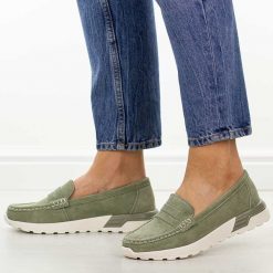 Khaki skórzane mokasyny damskie Filippo Dp7528/26. Brązowe mokasyny Filippo, bez wzorów, z jeansu, z okrągłym noskiem. Za 219.00 zł.