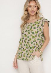 Zielono-Beżowa Bawełniana Bluzka w Kwiaty Naperia. Zielone bluzki Born2be, l, bez wzorów, z bawełny, eleganckie, bez kołnierzyka, bez ramiączek. Za 59.99 zł.