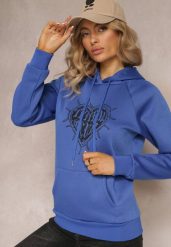 Granatowa Klasyczna Bluza z Nadrukiem na Przodzie i Kapturem Inalle. Niebieskie bluzy Renee, na jesień, l, bez wzorów, casualowe, bez ramiączek. W wyprzedaży za 71.99 zł.