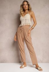Brązowe Spodnie Paper Bag High Waist z Bawełny z Gumką w Talii Emorea. Brązowe jeansy Renee, l, bez wzorów, z bawełny, eleganckie, z podwyższonym stanem. W wyprzedaży za 31.99 zł.