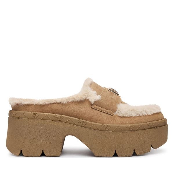 Klapki Guess. Brązowe klapki Guess, z aplikacjami, bez obcasa, bez zapięcia. Za 509.99 zł.