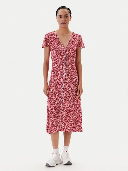 Tommy Jeans Sukienka codzienna DW0DW20884 Czerwony Regular Fit. Czerwone sukienki Tommy Jeans, na co dzień, xxs, bez wzorów, z jeansu, bez kołnierzyka, bez ramiączek, proste. Za 359.99 zł.