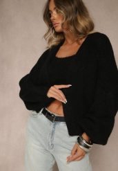 Czarny Niezapinany Kardigan z Wełną i Wiskozą z Dołączonym Topem Belvane. Czarne swetry Renee, s, bez wzorów, z dzianiny, bez ramiączek. Za 179.99 zł.