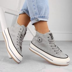 Trampki damskie za kostkę delikatnie ocieplane szare Big Star OO274070. Szare buty sportowe lifestyle BIG STAR, bez wzorów, z polaru, retro, za kostkę, bez zapięcia. Za 84.00 zł.