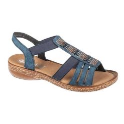 Sandały Damskie W Kształcie Litery T. Niebieskie sandały Rieker, bez wzorów, z gumy, z otwartym noskiem, bez obcasa, na obcasie, bez zapięcia. Za 371.99 zł.