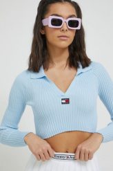 Tommy Jeans sweter damska kolor niebieski. Niebieskie swetry Tommy Jeans, l, bez wzorów, z jeansu, bez ramiączek. Za 359.99 zł.