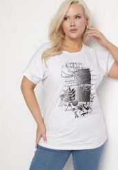 Jasnoszary Bawełniany T-shirt z Metalicznym Nadrukiem Farilna. Szare t-shirty Born2be, uniwersalny, bez wzorów, z bawełny, bez kołnierzyka, bez ramiączek. Za 69.99 zł.
