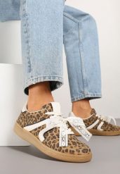 Panterkowe Sneakersy Typu Kultowe Tenisówki z Ozdobną Odpinaną Kokardą Korilinda. Trampki Renee, bez wzorów, z jeansu, eleganckie, bez zapięcia. W wyprzedaży za 83.99 zł.