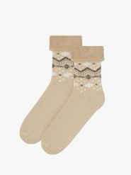 Beżowe skarpetki świąteczne unisex w śnieżynki. Brązowe skarpetki Ryłko, bez wzorów, z bawełny. Za 24.99 zł.