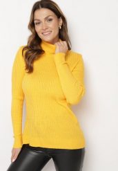 Żółty Golf w Prążki Allelina. Żółte swetry Born2be, m, bez wzorów, z jeansu, eleganckie, bez ramiączek. W wyprzedaży za 67.99 zł.
