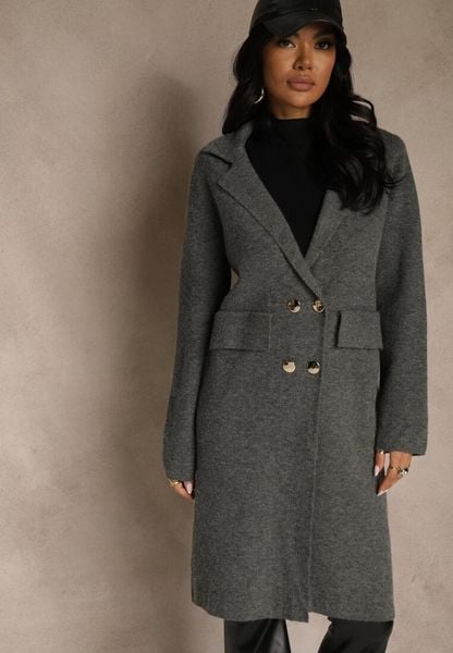 Szary Płaszcz Dwurzędowy o Długim Kroju w Eleganckim Stylu Saratusa. Szare płaszcze Renee, bez wzorów, z jeansu, biznesowe, bez kaptura. Za 139.99 zł.