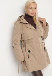 Beżowa Kurtka Typu Parka z Kapturem i Podpinanymi Rękawami Falunea. Brązowe płaszcze Born2be, plus size, bez wzorów, z jeansu, eleganckie, z kapturem. Za 229.99 zł.