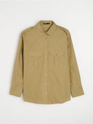 Bawełniana koszula w stylu safari z pagonami - zielony. Zielone koszule Sinsay, l, bez wzorów, z bawełny, bez kołnierzyka, bez ramiączek. Za 49.99 zł.