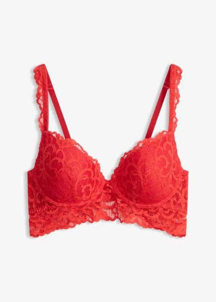 Biustonosz push-up z miękkiej koronki. Czerwone biustonosze bonprix, bez wzorów, z koronki. Za 89.99 zł.