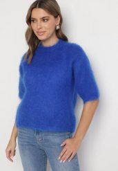 Niebieski Moherowy Sweter o Kroju Nietoperza z Rękawami 3/4 Eleanira. Niebieskie swetry Born2be, na zimę, uniwersalny, z aplikacjami, z jeansu, eleganckie, bez ramiączek. W wyprzedaży za 280.49 zł.