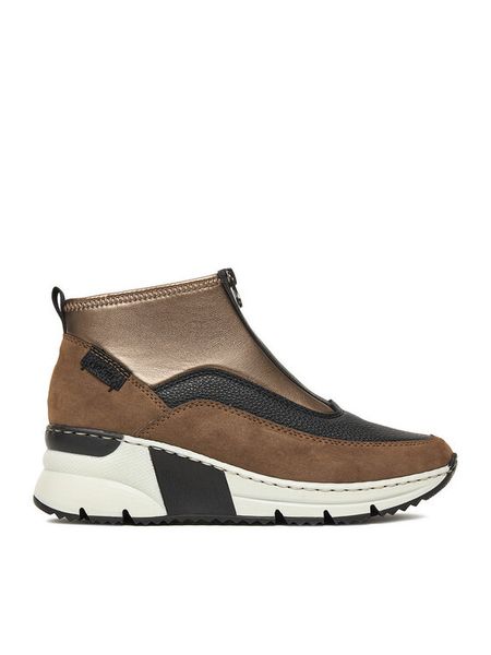 Rieker Botki N6352-25 Brązowy. Brązowe botki Rieker, bez wzorów, ze skóry, bez obcasa, na koturnie, bez zapięcia. Za 329.99 zł.