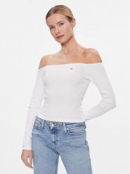 Tommy Jeans Bluzka DW0DW17535 Biały Slim Fit. Białe bluzki Tommy Jeans, xs, bez wzorów, z bawełny, bez kołnierzyka, bez ramiączek. Za 219.99 zł.